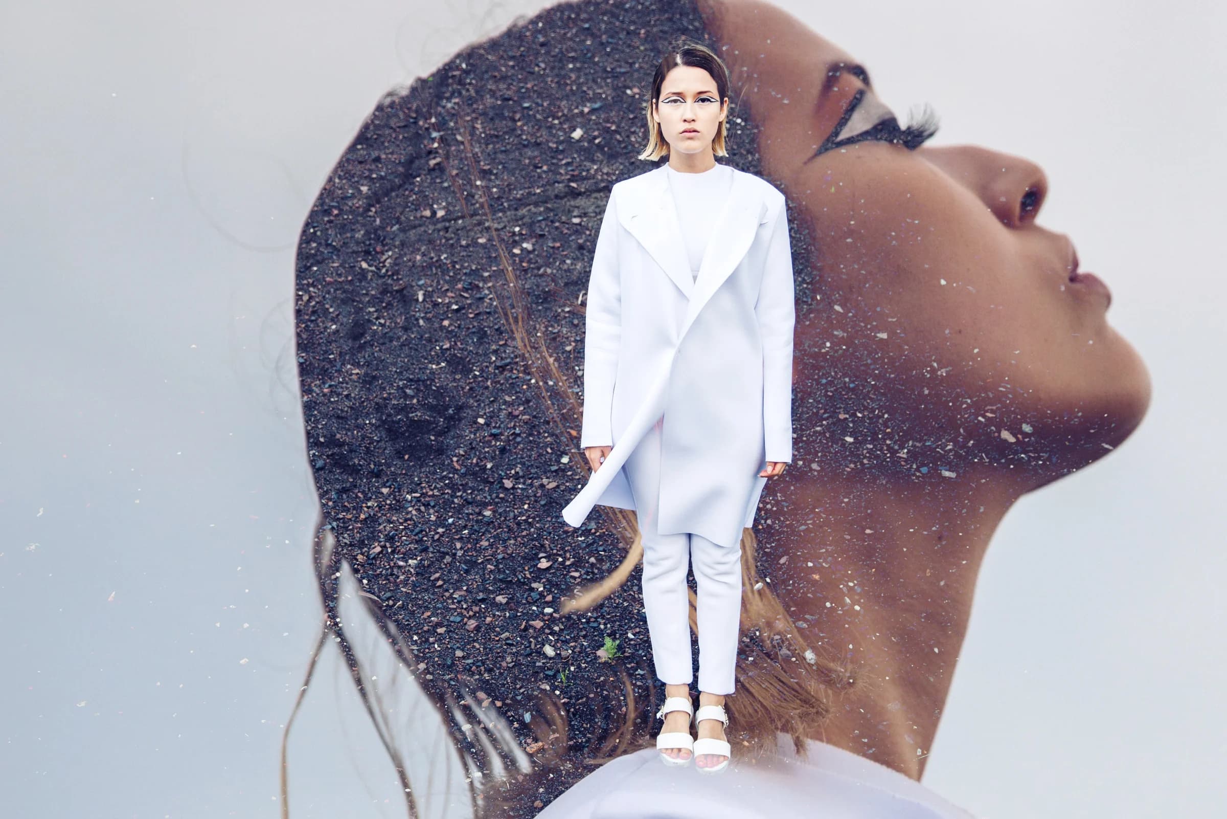 Fashion composition with a white look and an overlaid close-up
