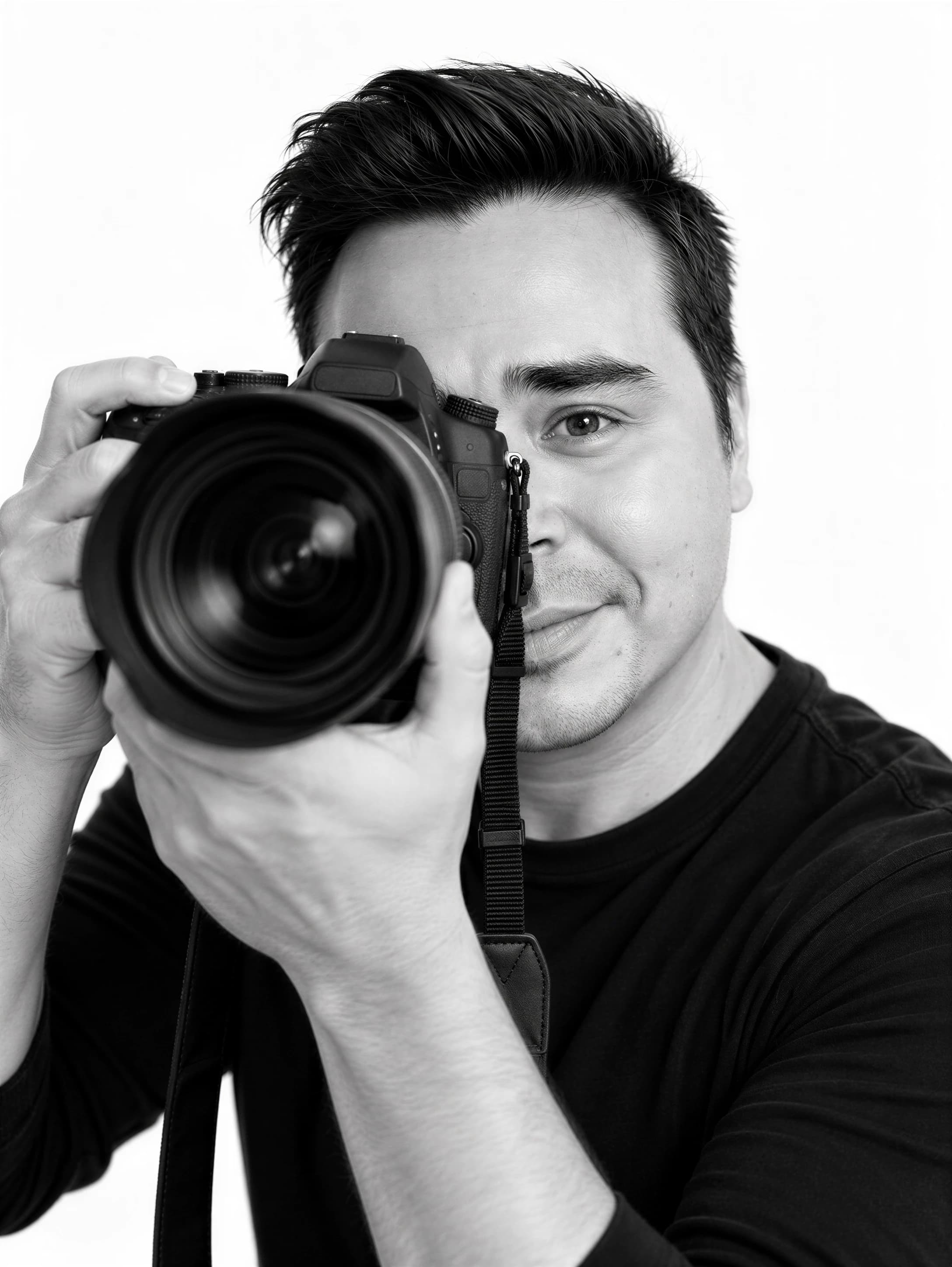 Black-and-white portrait of Lex Aliviado holding a camera in front of his face